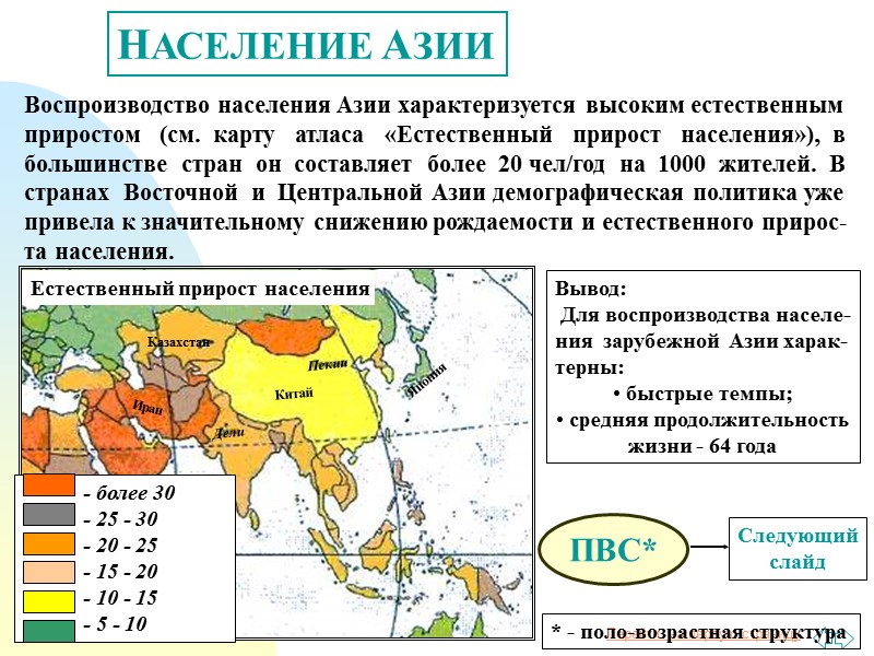 НАСЕЛЕНИЕ АЗИИ Воспроизводство населения Азии характеризуется высоким естественным приростом   (см.  карту